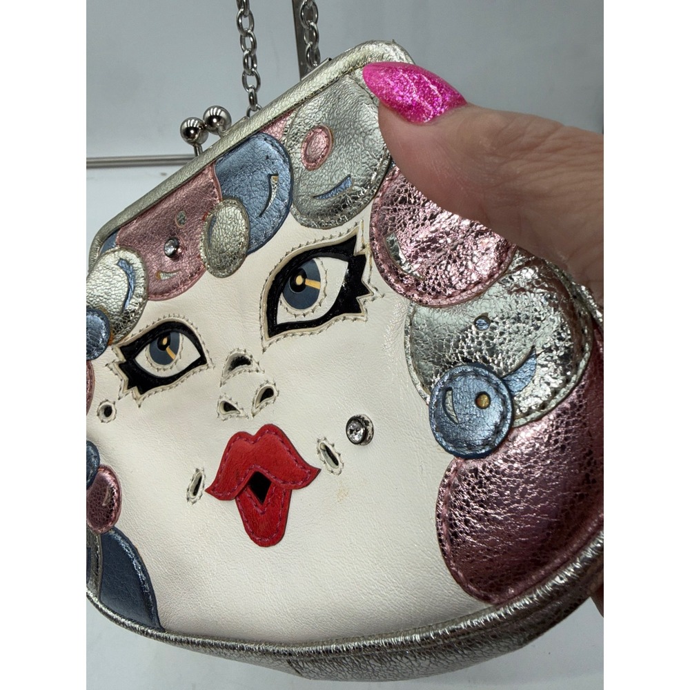 Brighton Vintage Love Caty Metallic Silver Leather Face Coin Purse Crossbody Bag - Picture 7 of 11